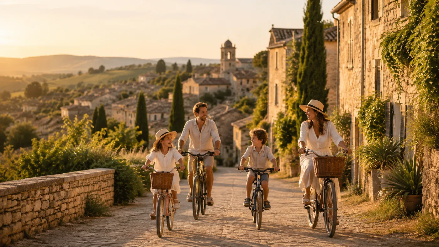 Famille à vélo dans un village français